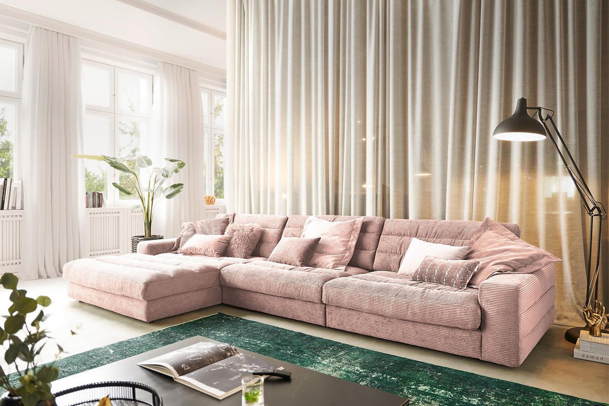 ECKSOFA XL LANA Pink Cord - Pink/Schwarz, Textil (416/205cm) - KAWOLA