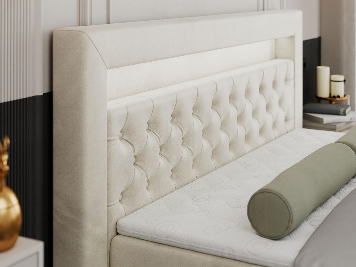 BOXBETT GOLD-9 LED 140/200 Beige Velvet - H3 - Beige, Holz/Textil (140/200cm) - MKS
