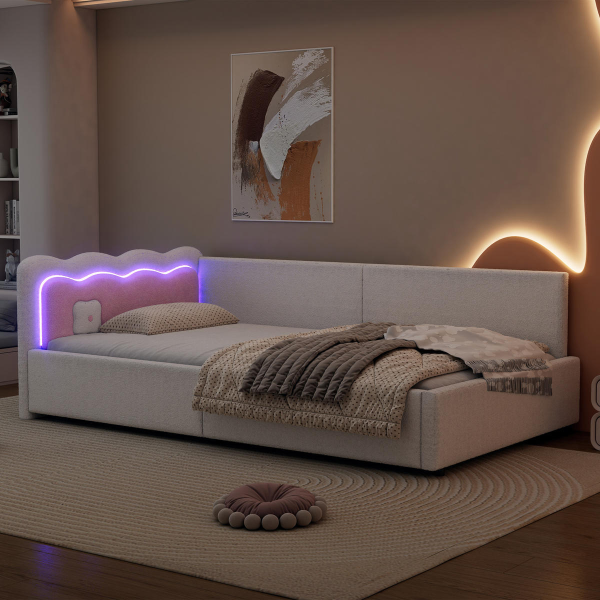 BETT mit LED-Umgebungslicht 90/200 cm Weiß Vliesimitat - Weiß, Textil (90/200cm) - OKWISH