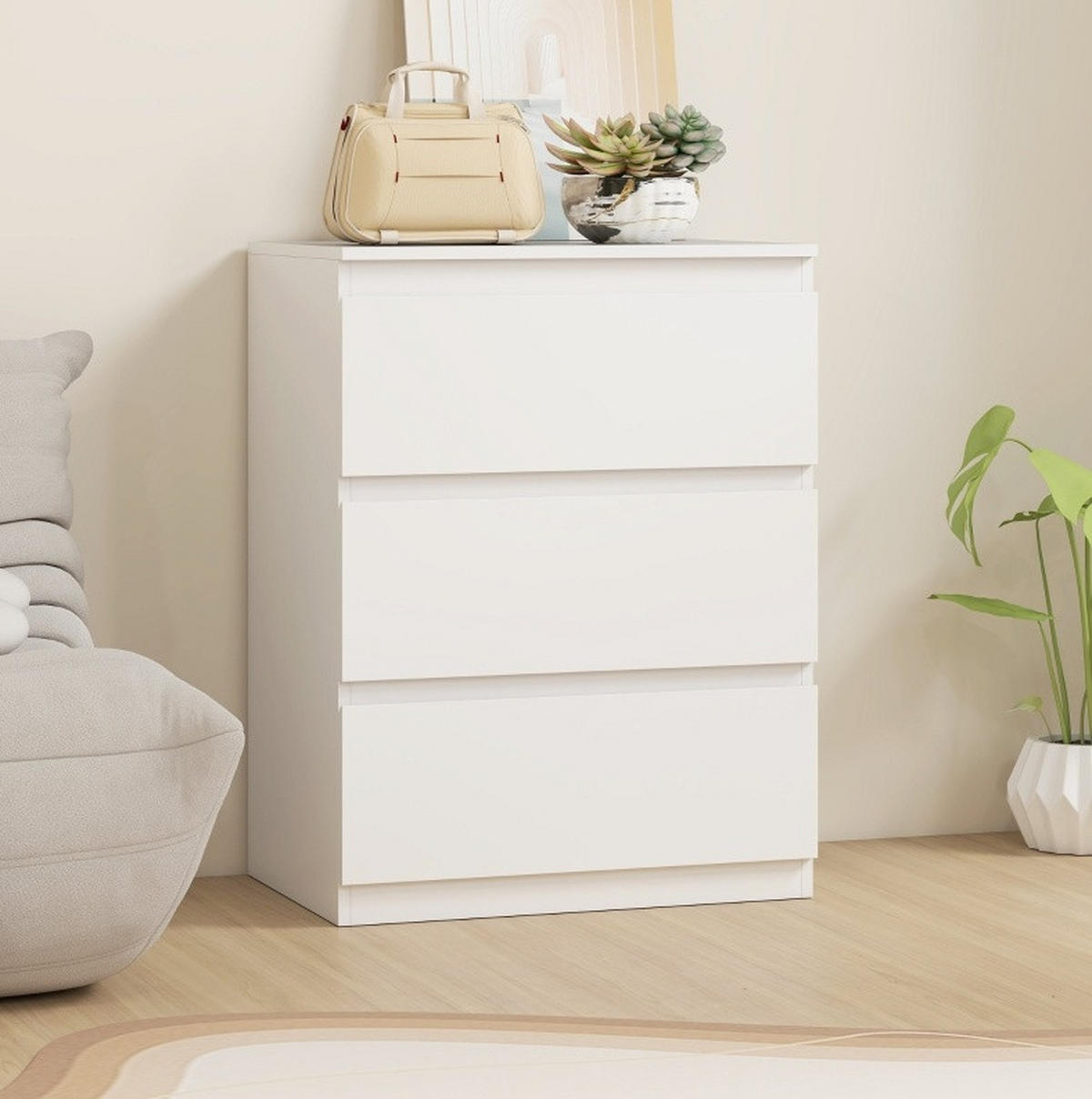 KOMMODE 60/40/79 cm mit 3 Schubladen – grifflos in Weiß - Weiß, Holz (60/79/40cm) - BEAOK
