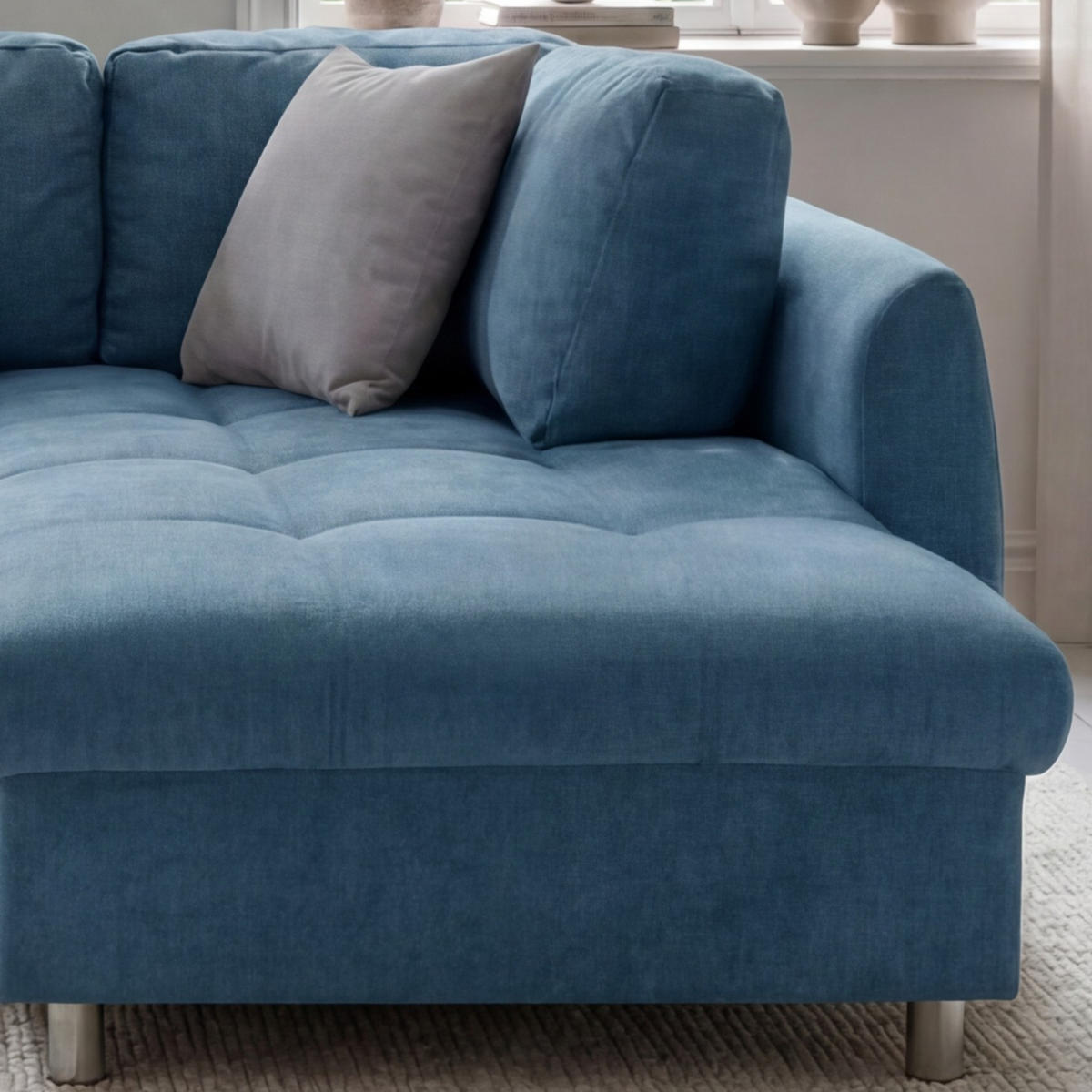 ECKSOFA mit Schlaffunktion, Wellenunterfederung, Ottomane rechts B250/T190/H84 cm, Liegefl. 179x190 cm, Mikrofaser Blau / 17107 - Blau/Chromfarben, Textil/Metall (250/190cm) - luma-home
