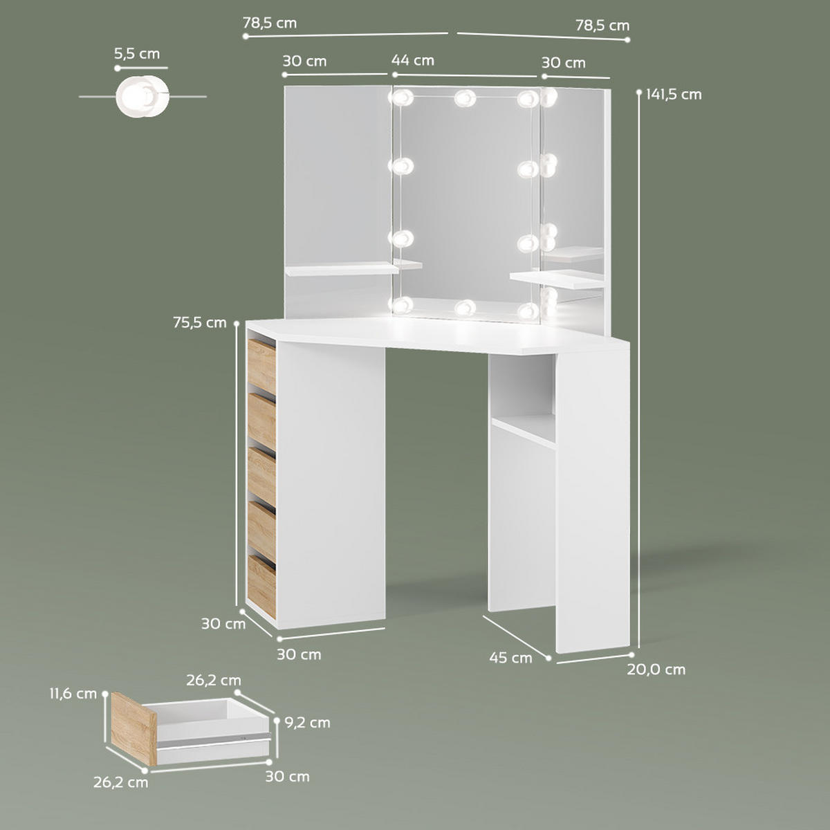 ECKSCHMINKTISCH Enna Weiß/Sonoma 110 cm mit LED Beleuchtung - Weiß/Sonoma Eiche, Holzwerkstoff (110/141.5/54cm) - Livinity®