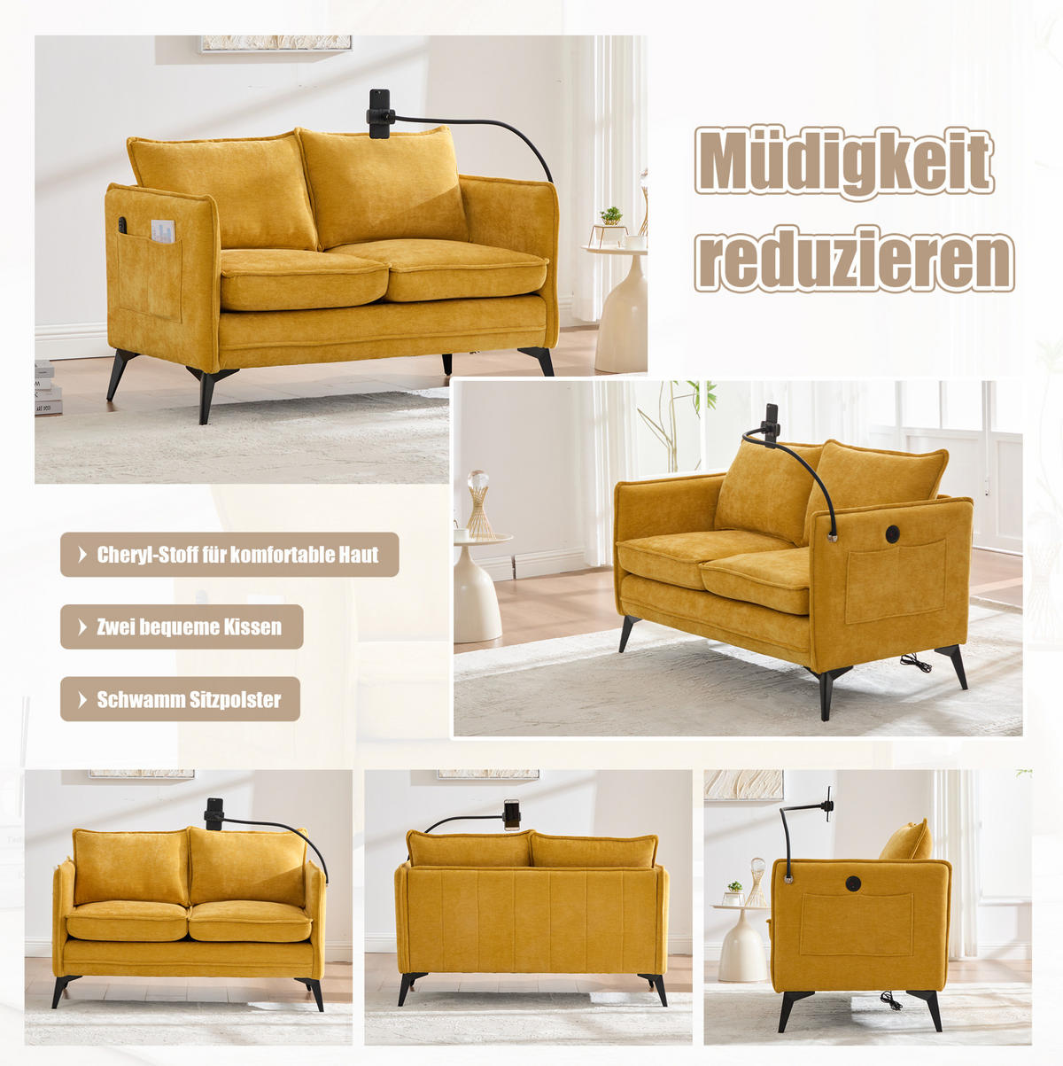 2-SITZER Sofa Chenille mit Handyhalterung und Ablagefächern 127/69/66 cm Gelb - Gelb, Textil (66/127/69cm) - Redom