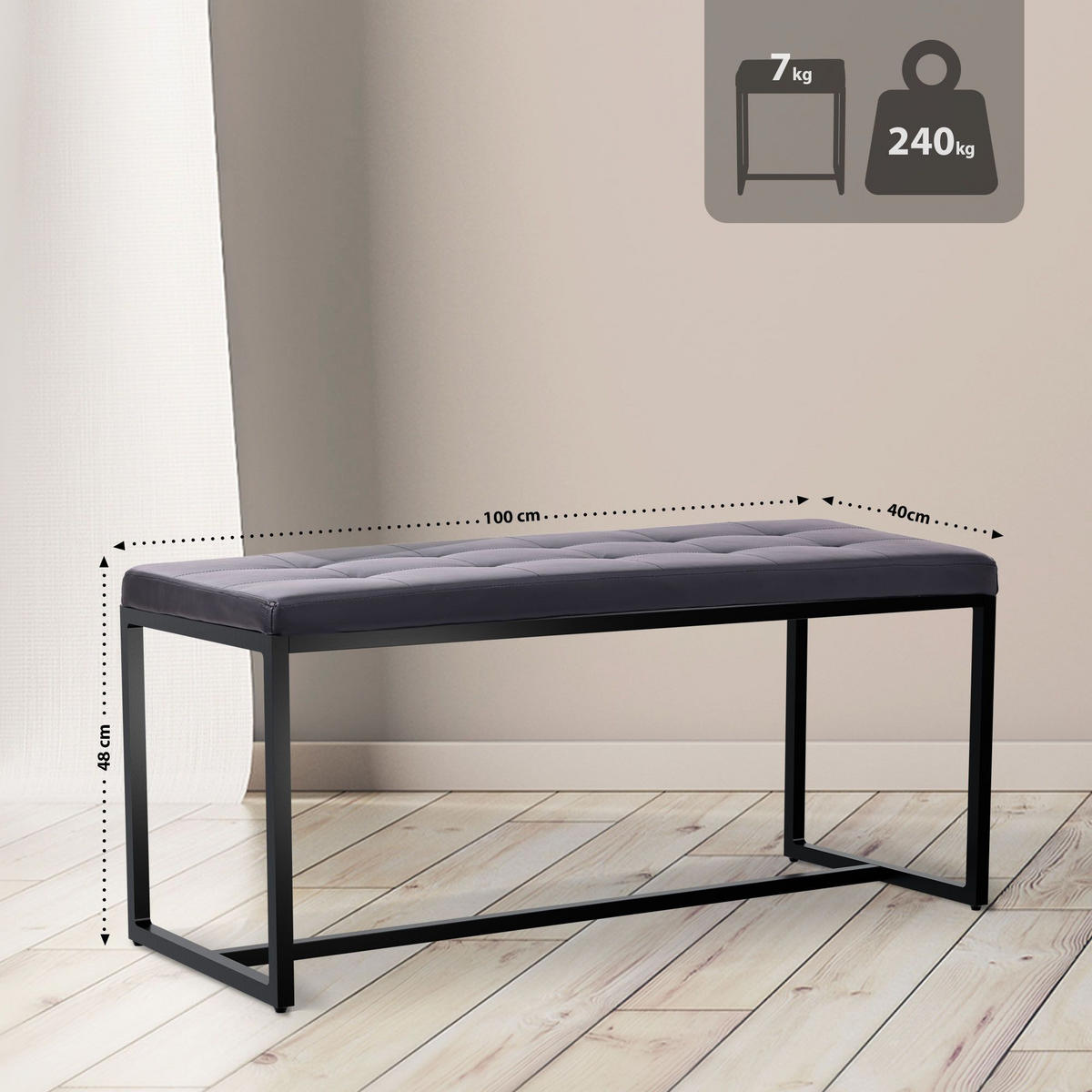 SITZBANK 100/40 cm Kunstleder schwarz - Schwarz, Textil/Metall (100/48/40cm) - CLP