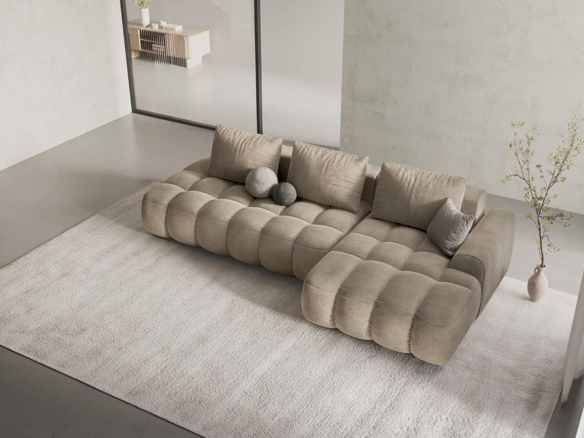 AUSKLAPPBARES-ECKSOFA rechts mit Container Linz aus Samt leichtes beige 3 Sitzplätze - Creme, Textil (142/275cm) - Cosmopolitan Design