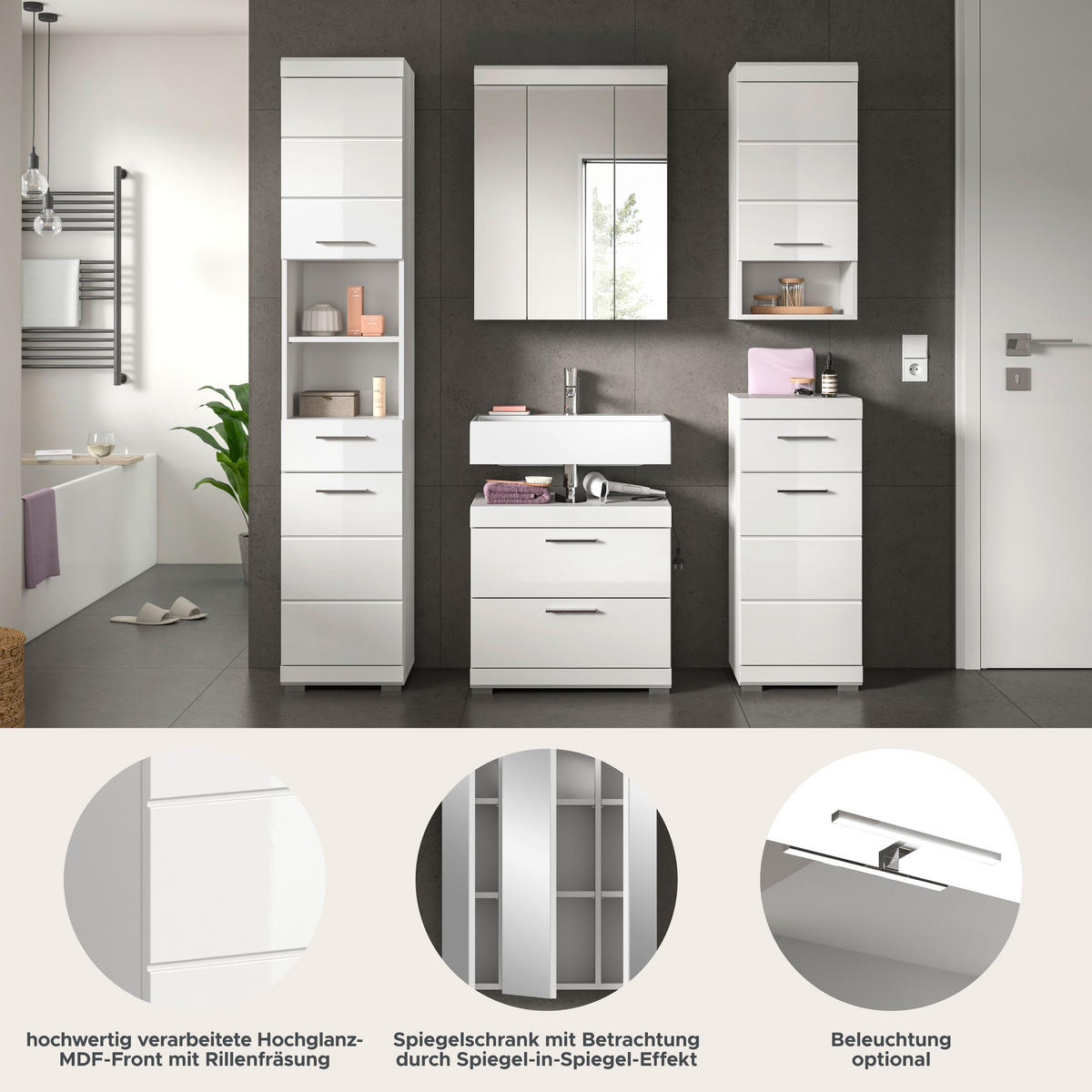 BADKOMBINATION 5tlg. Scout Bad in weiß Nachbildung und weiß hochglanz B/H/T: 164x191x34 cm - Weiß, Holz (164/191/34cm)