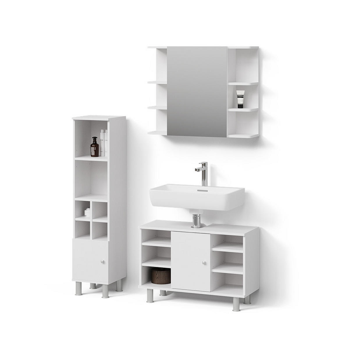 BADMÖBEL-SET Fucino Weiß 3 Teile, mit Midischrank Tür klein - Weiß, Holzwerkstoff (80/54/32cm) - Livinity®