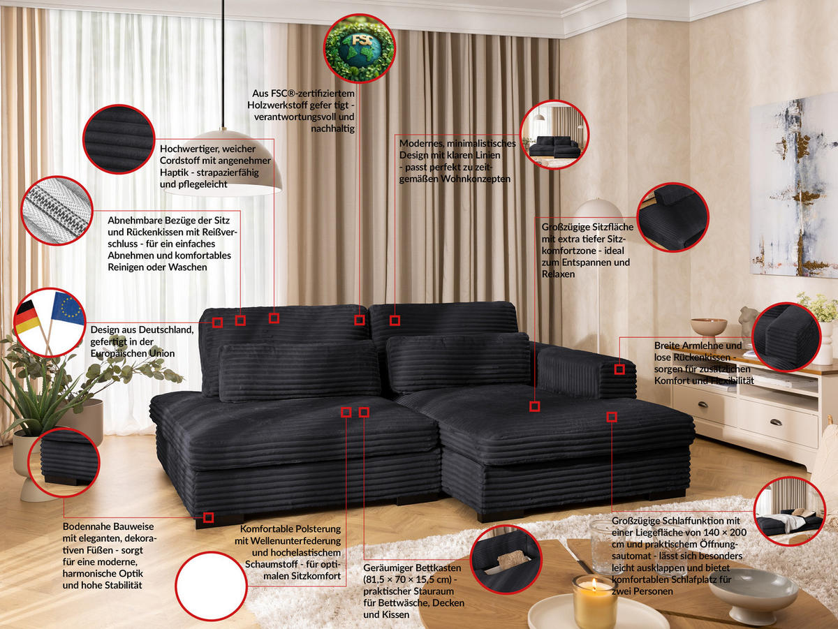 ECKSOFA Wolke mit tiefer Sitzfläche, Schlaffunktion und praktischem Bettkasten aus weichem Schwarz Cordstoff - Schwarz, Holz/Kunststoff (225/162cm) - S-Style