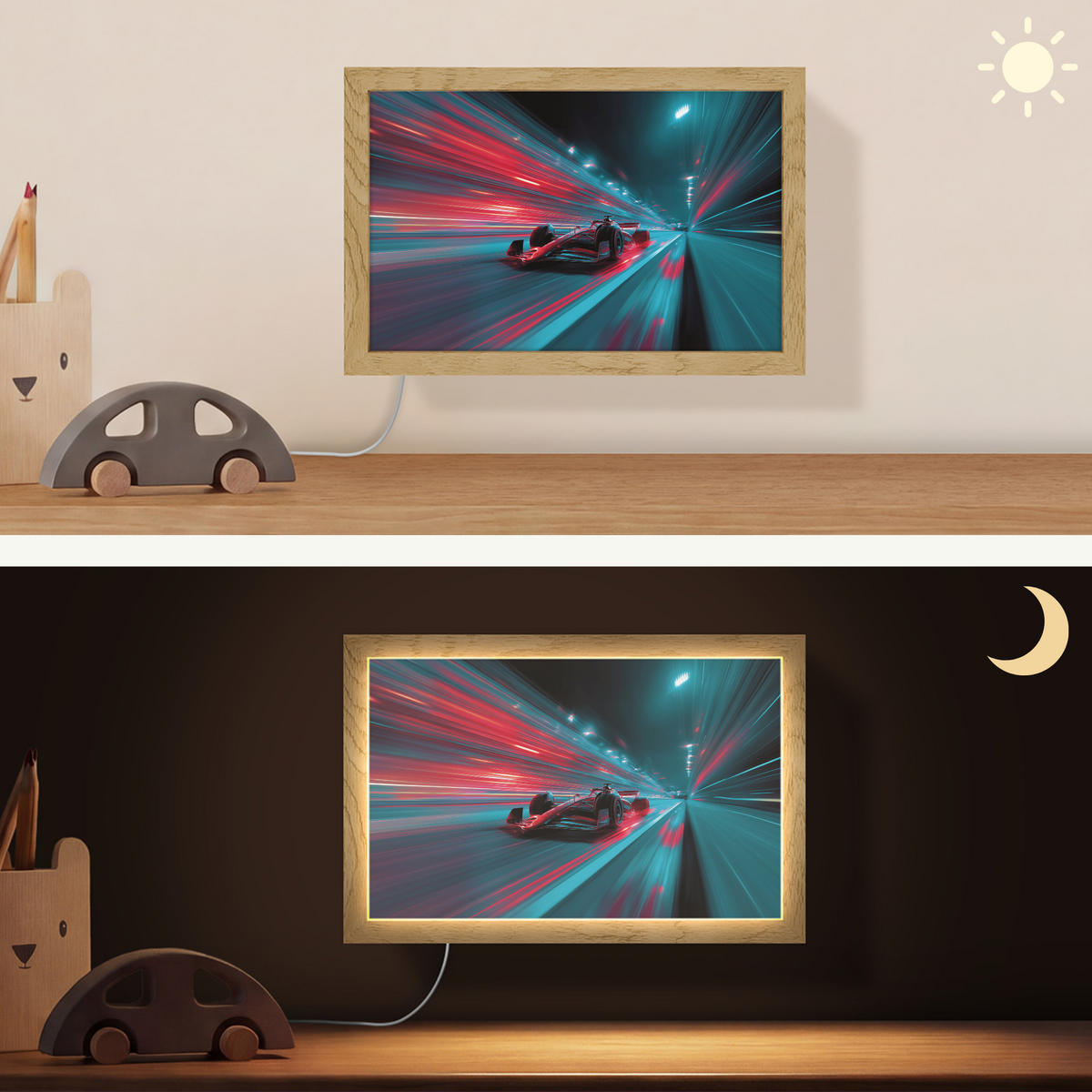 NÁSTĚNNÁ LAMPA Závodní auto - Červená - Rychlost 30x20 cm - tyrkysová, kompozitní dřevo (30/20/8cm) - OnlyWow