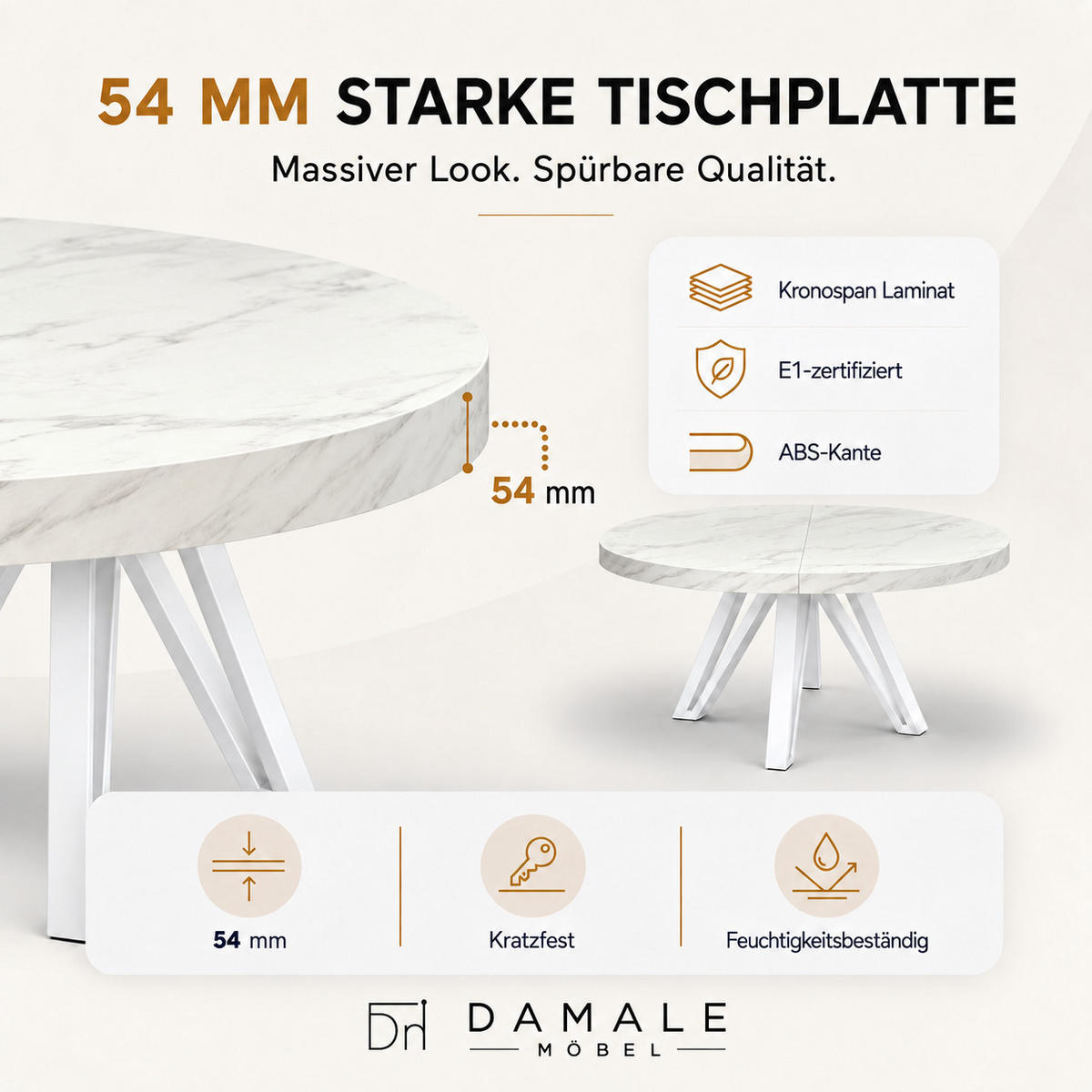 ESSTISCH rund ausziehbar 100/300/76 cm, Marmor, 54 cm Tischplatte + Industrial Metallgestell Weiß - Hellgrau/Weiß, Holzwerkstoff/Metall (100/300/76cm) - Damale Möbel