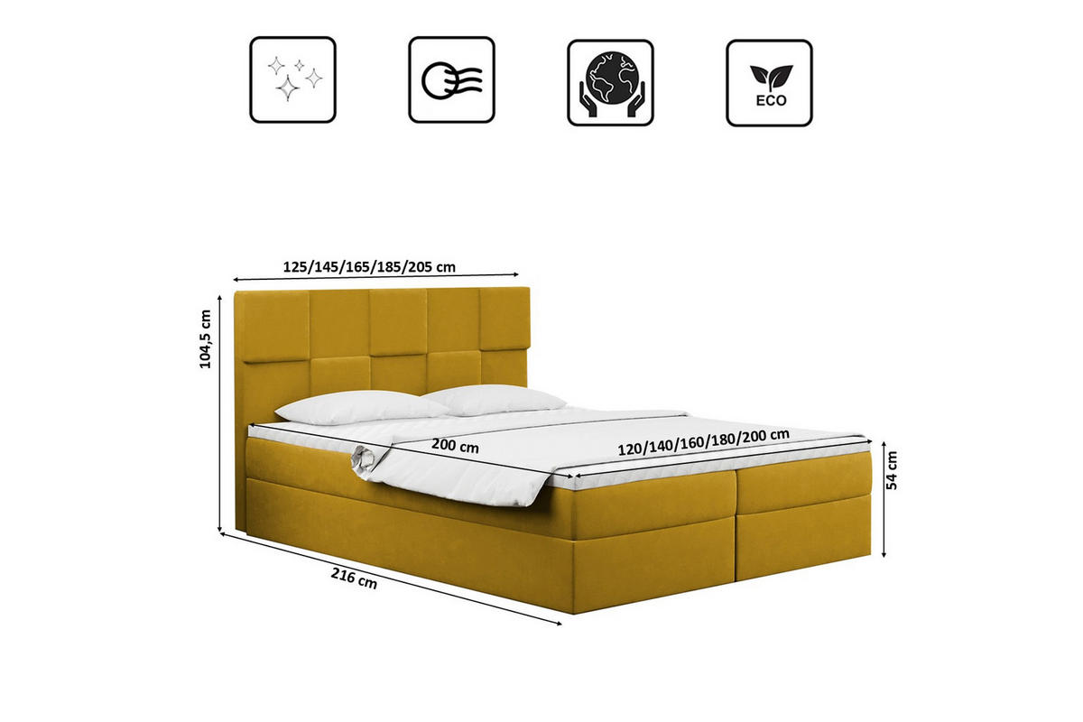 BOXBETT mit Bettkasten und Matratze CLARA Stoff Velvet Gelb 160x200 cm H2-Pocket - Gelb, Holz (160/200cm) - Kaiser Möbel