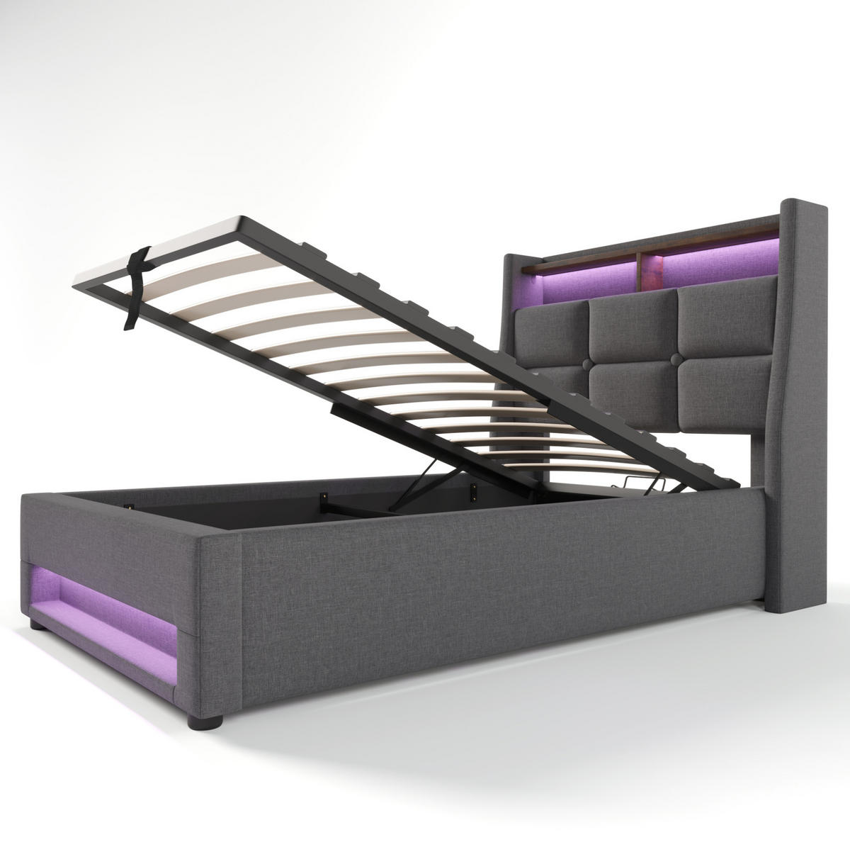 POLSTERBETT mit USB und LED 90x200 cm Leinen Grau mit Matratze - Grau, Metall (90/200cm) - Meubliv