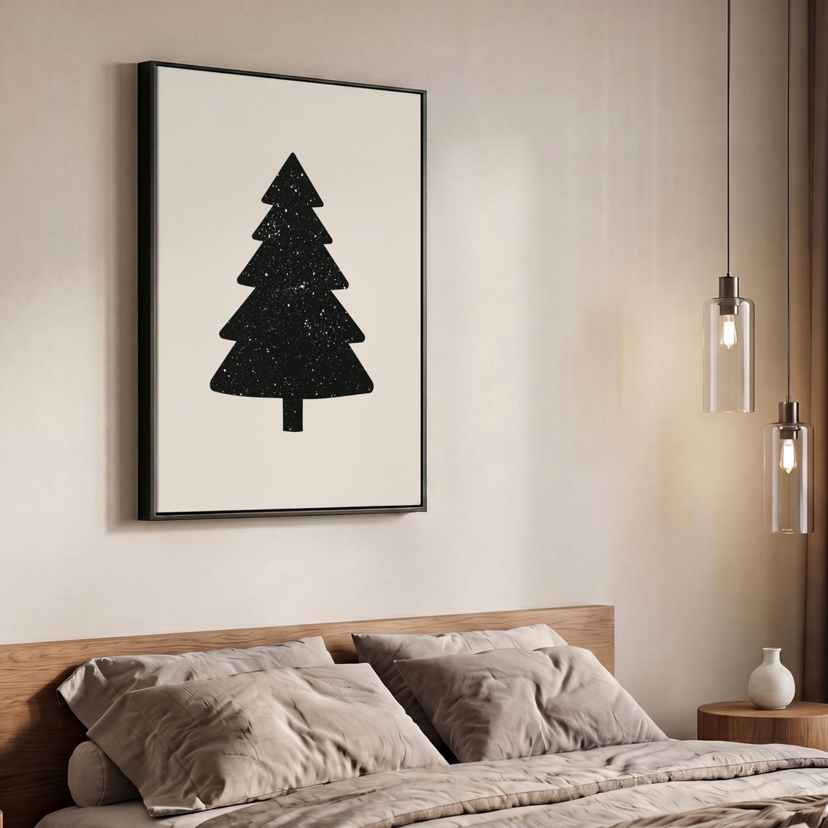 LEINWAND Bilder mit Rahmen - Weihnachtsbaum - Schwarz - Urlaub - Beige - 70x100 - Schwarz, Textil (70/100cm) - MuchoWow