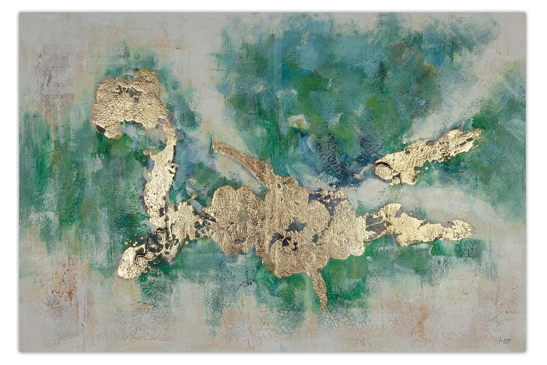 ÖLGEMÄLDE 120/80 cm - Türkis/Goldfarben, Holz/Textil (120/80cm) - KUNSTLOFT