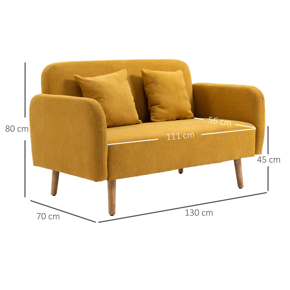 SOFA 2-Sitzer, Polyester Holz Natur+Gelb - Gelb/Naturfarben, Kunststoff (70/80/130cm) - HOMCOM