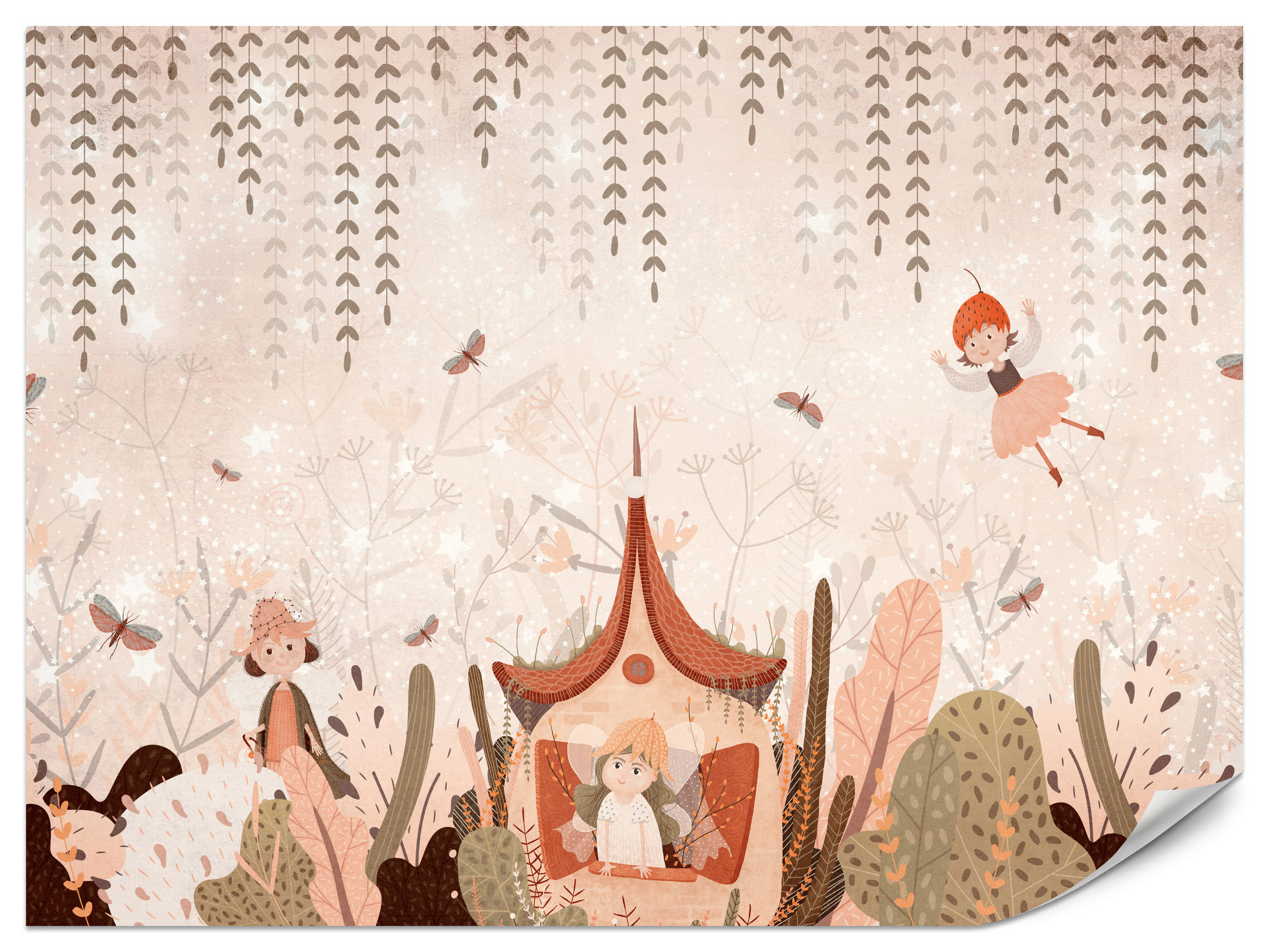 FOTOTAPETE für Kinderzimmer Feen Aquarell Wald Blumen Blätter Boho 150x105 - Beige/Orange, Papier (150/105cm) - Muralo