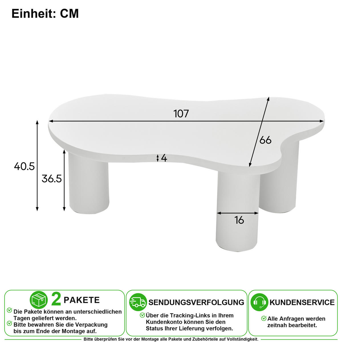 COUCHTISCH 107/66/40,5 cm in Weiß aus MDF mit Wolkendesign und PVC-Beinen - Weiß, Holzwerkstoff/Kunststoff (66/107/40.5cm) - CHICFURN