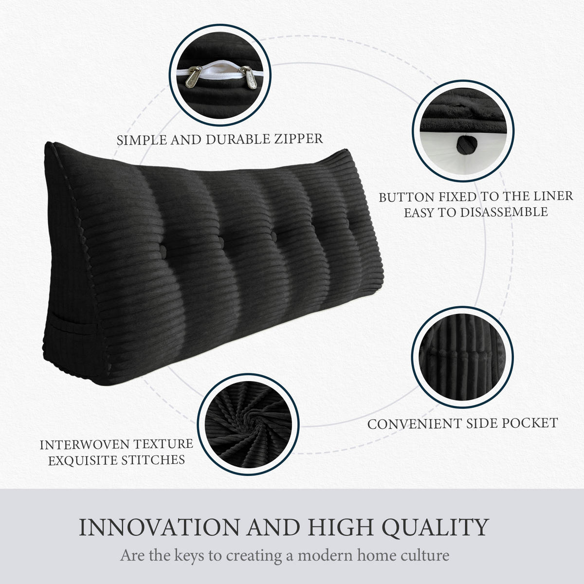RÜCKENKISSEN für Bett Kord Schwarz 60 cm - Schwarz, Textil (50/60cm) - Vercart