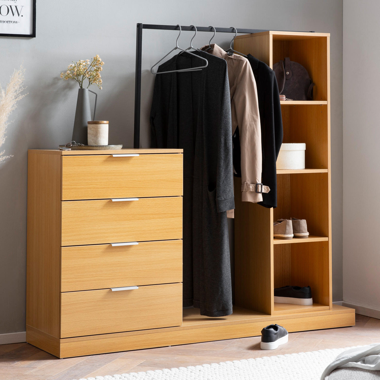 GARDEROBE Eiche-Dekor 145x136x40cm mit Regal und Kommode - Eichefarben/Braun, Holzwerkstoff (145/136/40cm) - KADIMA DESIGN