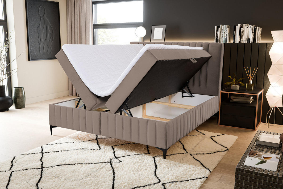 BOXBETT QUANT mit 2 Bettkästen, 180x200, Farbe: Braun, Velourstoff, mit Bonell-Matratze inkl. Topper - Braun, Holz/Kunststoff (180/200cm) - VENASI MÖBEL