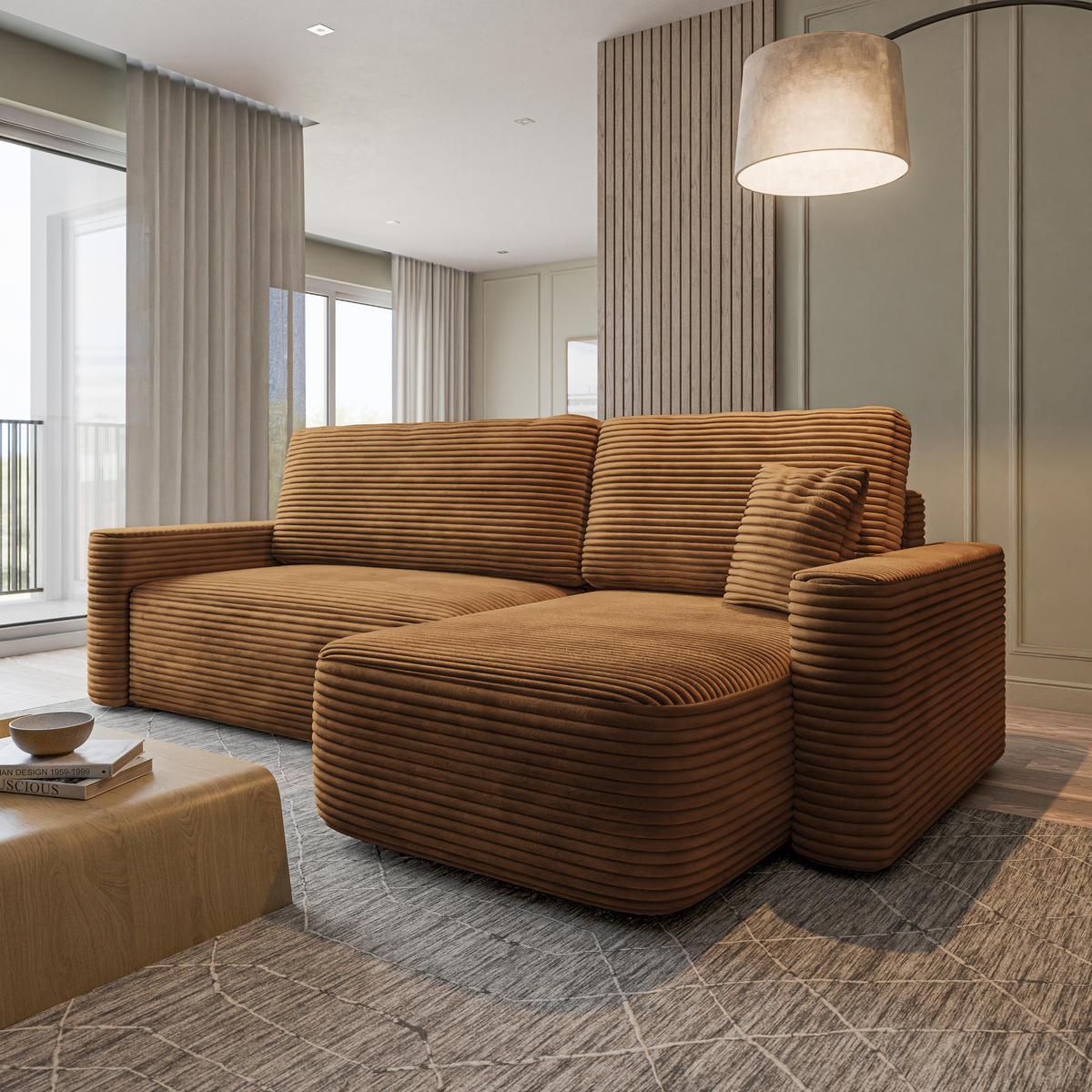 ECKSOFA NERI T Orange Kordstoff mit Schlaffunktion - Orange, Holzwerkstoff/Textil (280/157cm) - MASSENO