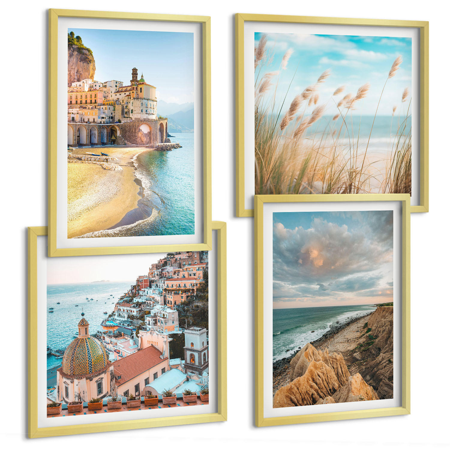 BILDER SET 4er Set - 50x50 cm & 40x60 cm Goldrahmen - Landschaften Strand Stadt Klippen - Goldfarben, Kunststoff (50/50cm) - TULUP