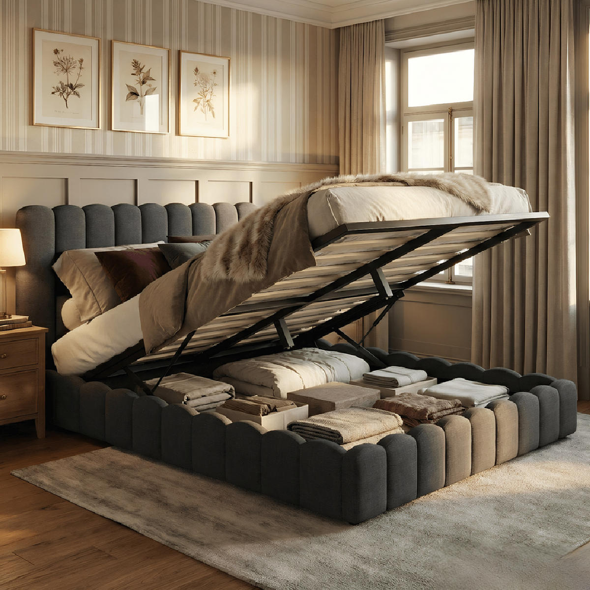 POLSTERBETT Modern 160/200 cm mit Bettkasten LED & USB Leinenoptik Grau - Grau, Textil (160/200cm) - Creahappy