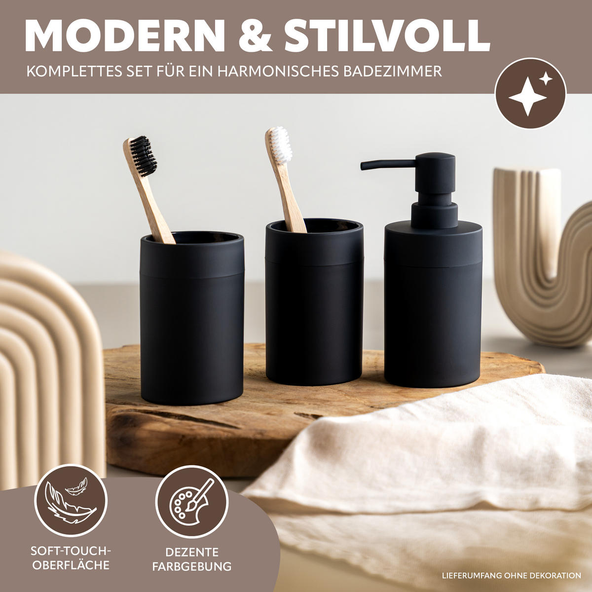 BADEZIMMER-SET SAVONA, Soft-Touch, schwarz, rund - Schwarz, Kunststoff (7/16/9cm) - bremermann