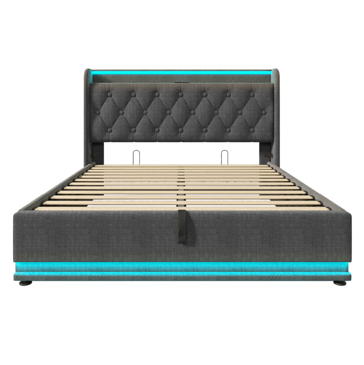 POLSTERBETT 140/190 cm grau aus Leinen mit LED und Stauraum - Grau, Textil (140/190cm) - OKWISH