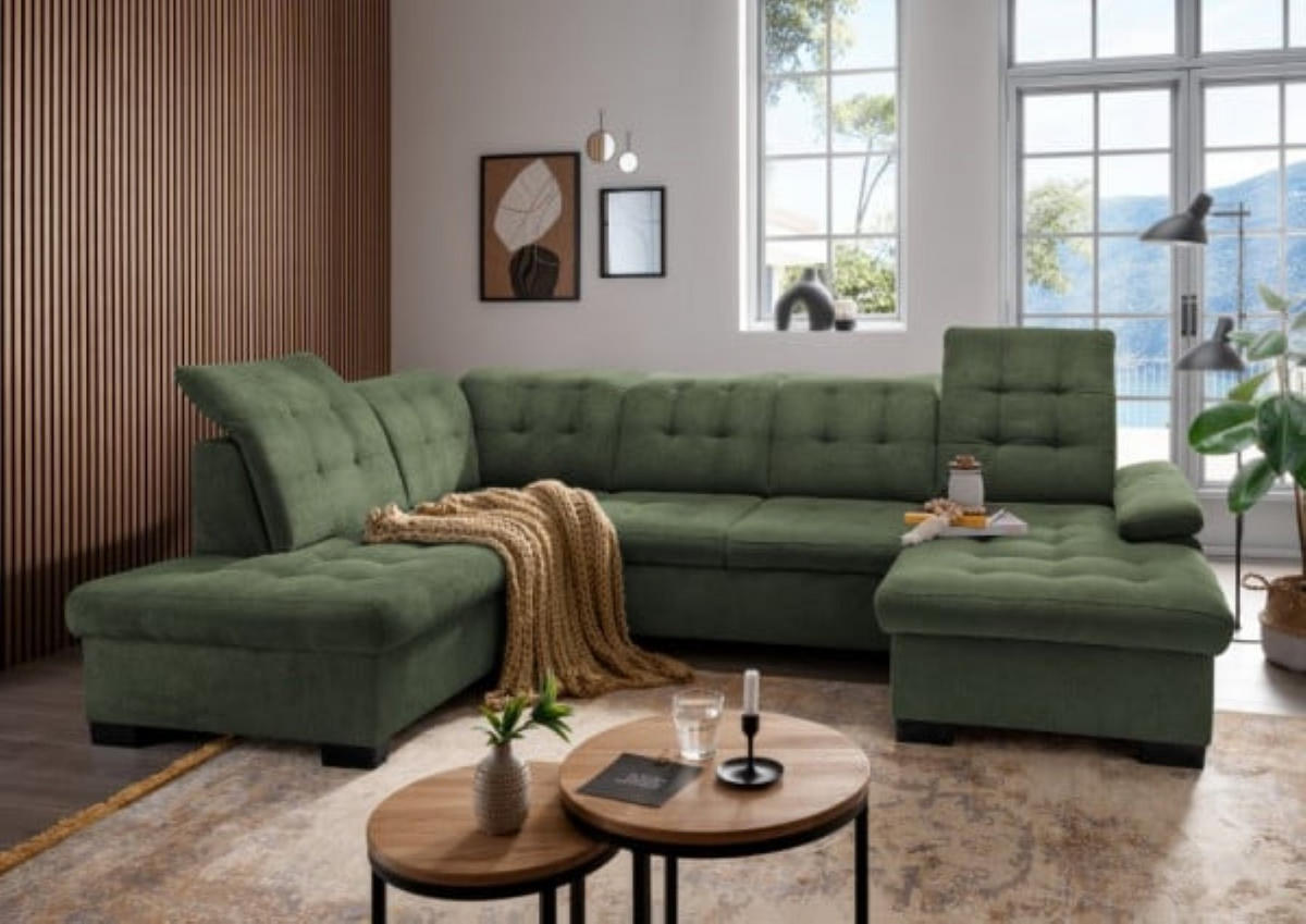 WOHNLANDSCHAFT mit Schlaffunktion und Bettkasten, verstellbare Kopflehnen - Schwarz/Grün, Kunststoff/Textil (305/163/216cm) - myHomelando