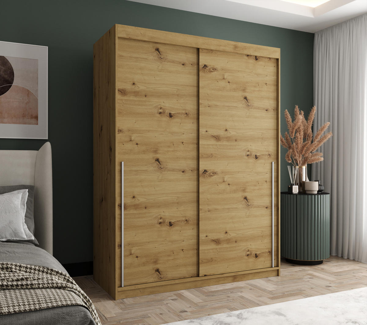 SCHIEBETÜRENSCHRANK 150 cm Breite Artisan mit silbernem Griff - Silberfarben/Eiche Artisan, Holzwerkstoff (150/200/62cm) - Home Collective