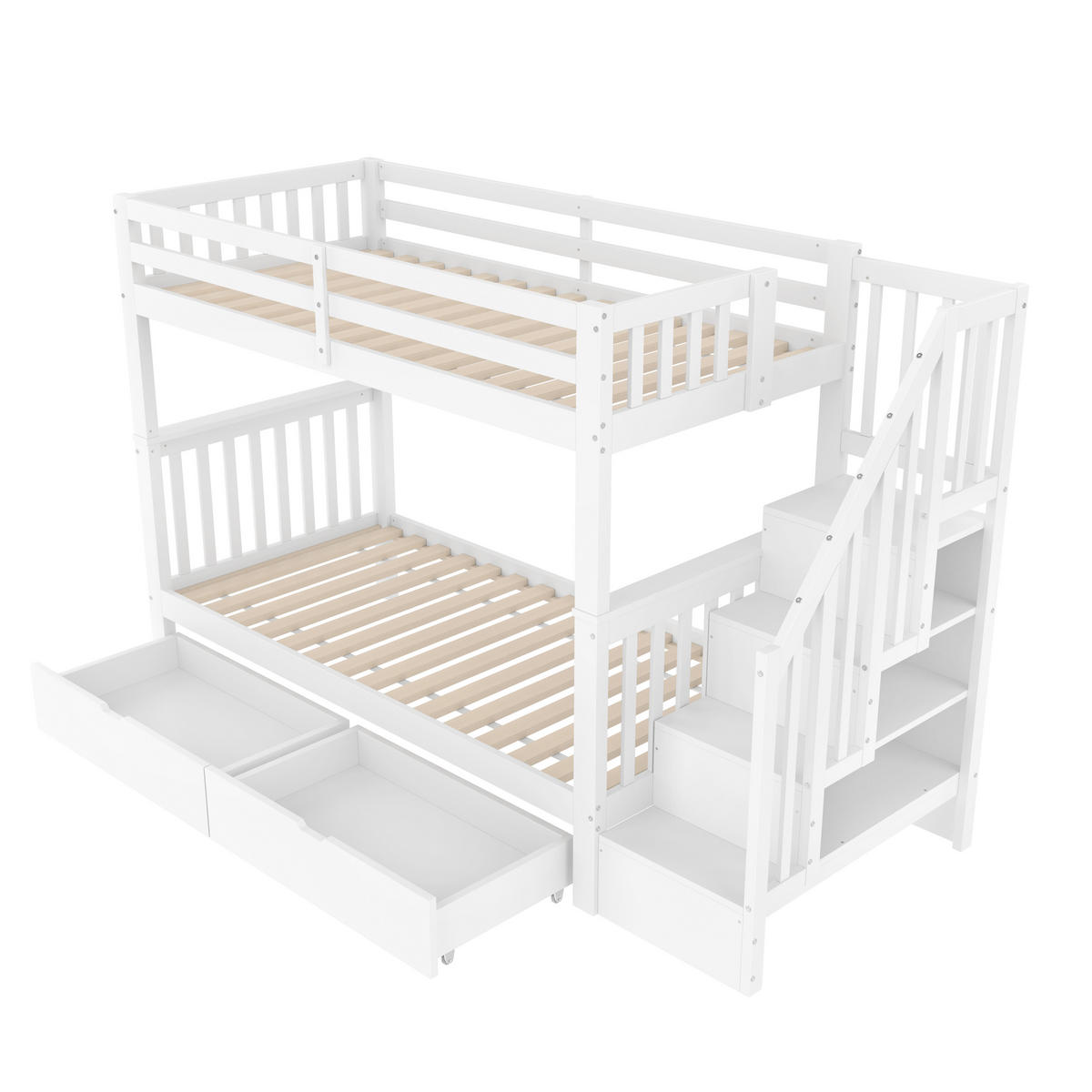 ETAGENBETT 90x200cm Weiß mit 2 Schubladen EN747-1 Treppenregal - Weiß, Holz (90/200cm) - FLIEKS