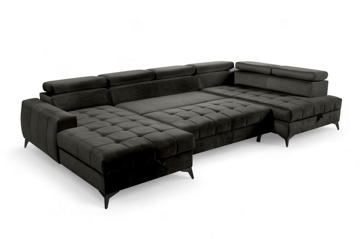 WOHNLANDSCHAFT Arkucio U Schwarz 345/200/95 cm – großes Sofa mit Schlaffunktion L - Schwarz, Textil/Metall (200/95/345cm) - AX Living