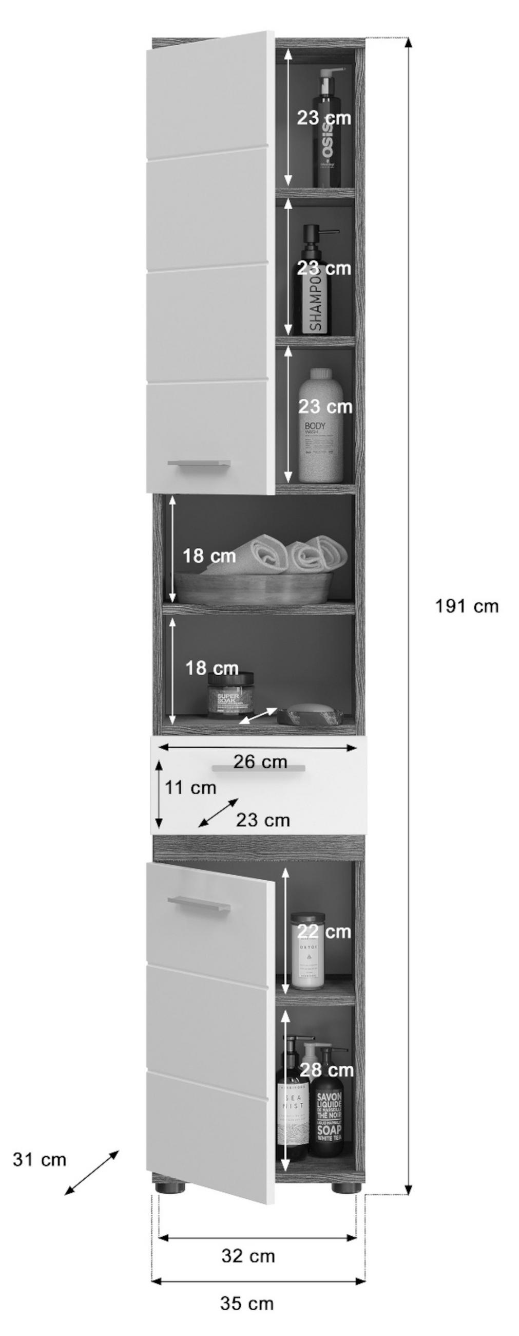 HOCHSCHRANK weiß Hochglanz, grau 35 cm, Badschrank mit 6 Fächern - Weiß Hochglanz/Silberfarben, Holzwerkstoff/Kunststoff (35/191/31cm) - Inn.Furn