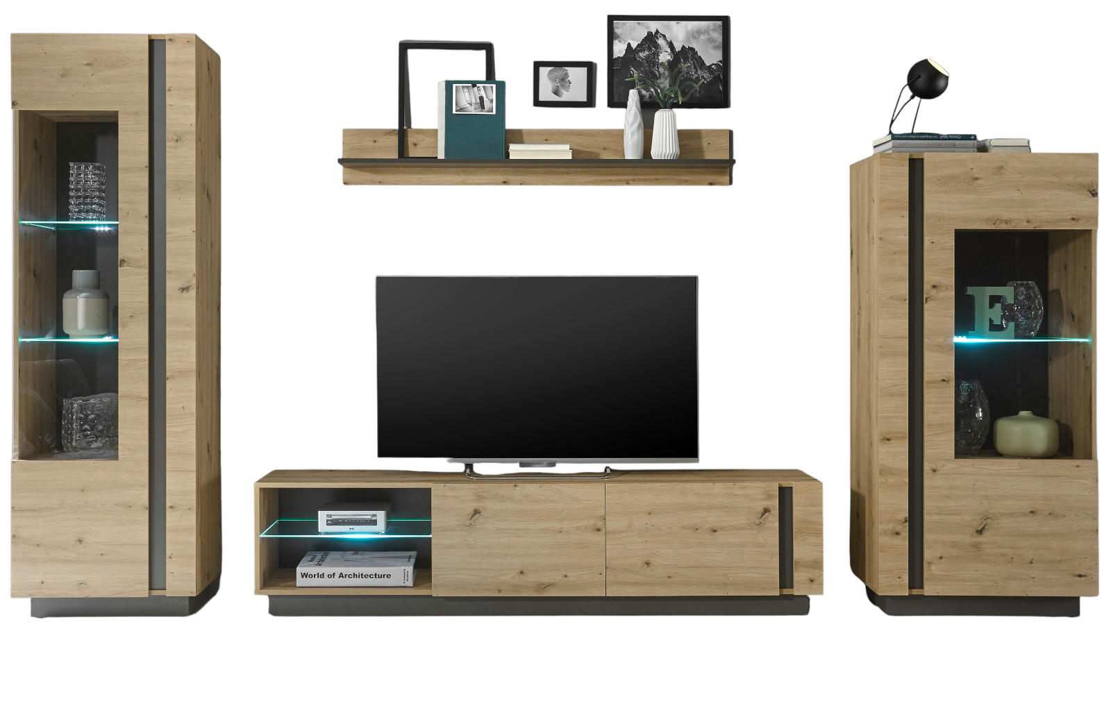 WOHNWAND 4-teilig Eiche Artisan, Graphit grau 340 cm, Schrankwand mit Soft-Close - Eiche Artisan/Grau, Glas/Holz (340/194/40cm) - Furn.Design