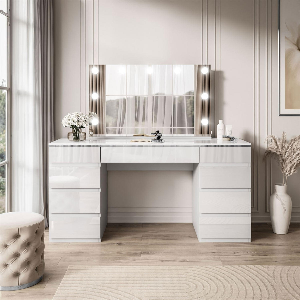 SCHMINKTISCH AURORA DOUBLE SILVER, weiß glänzend - Silberfarben/Weiß, Holzwerkstoff (156.8/79.2/55cm) - Lookway