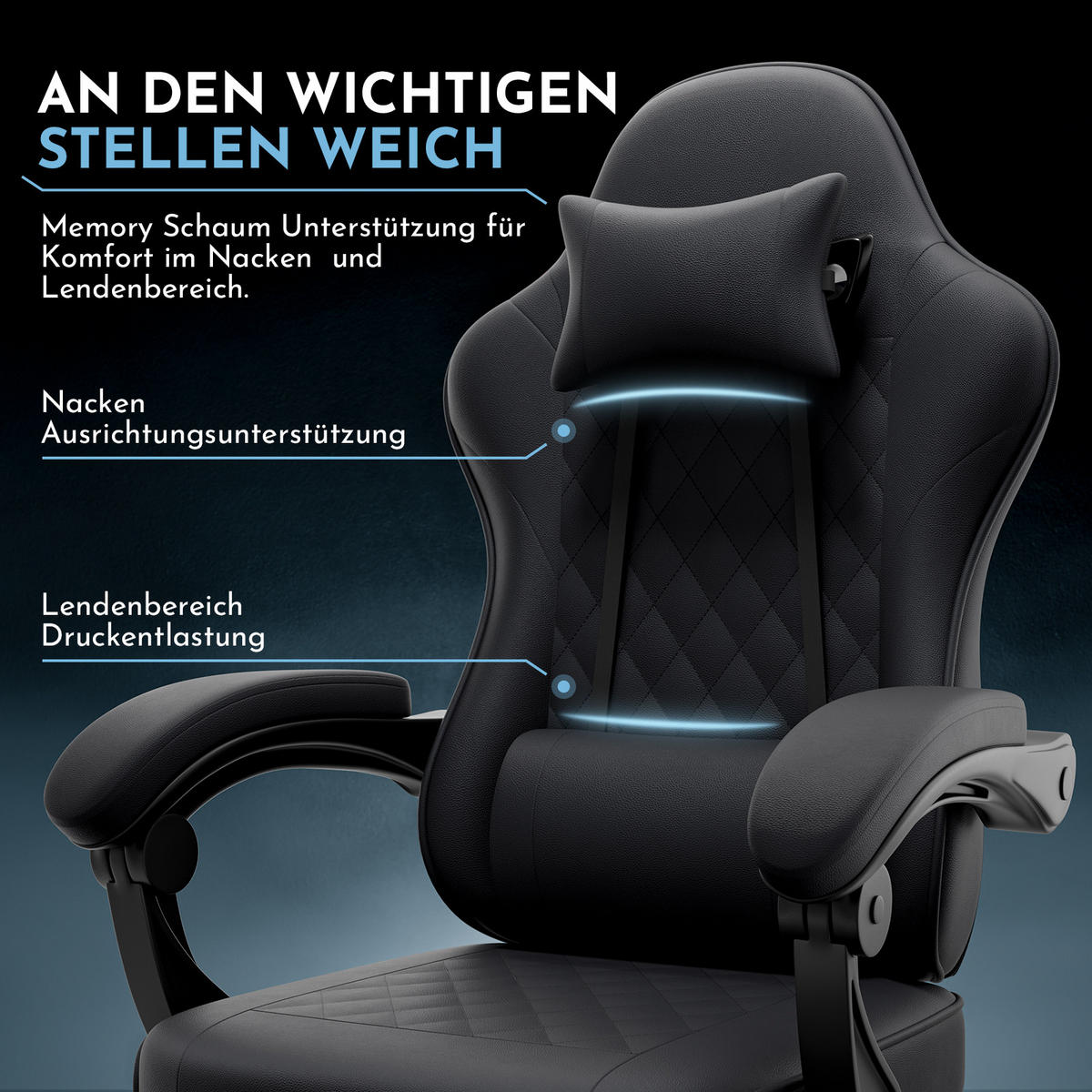 GAMINGSTUHL DE-40998 mit Lordosenstütze und Fußstütze Schwarz - Schwarz, Metall (58.5/120.5/63cm) - ComfortXL