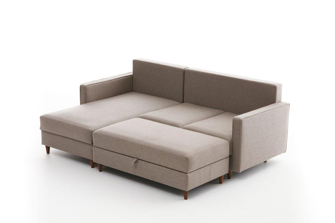 ECKSOFA mit Hocker, Schlaffläche - Beige/Walnussfarben, Holz/Kunststoff (210/155cm) - myHomelando