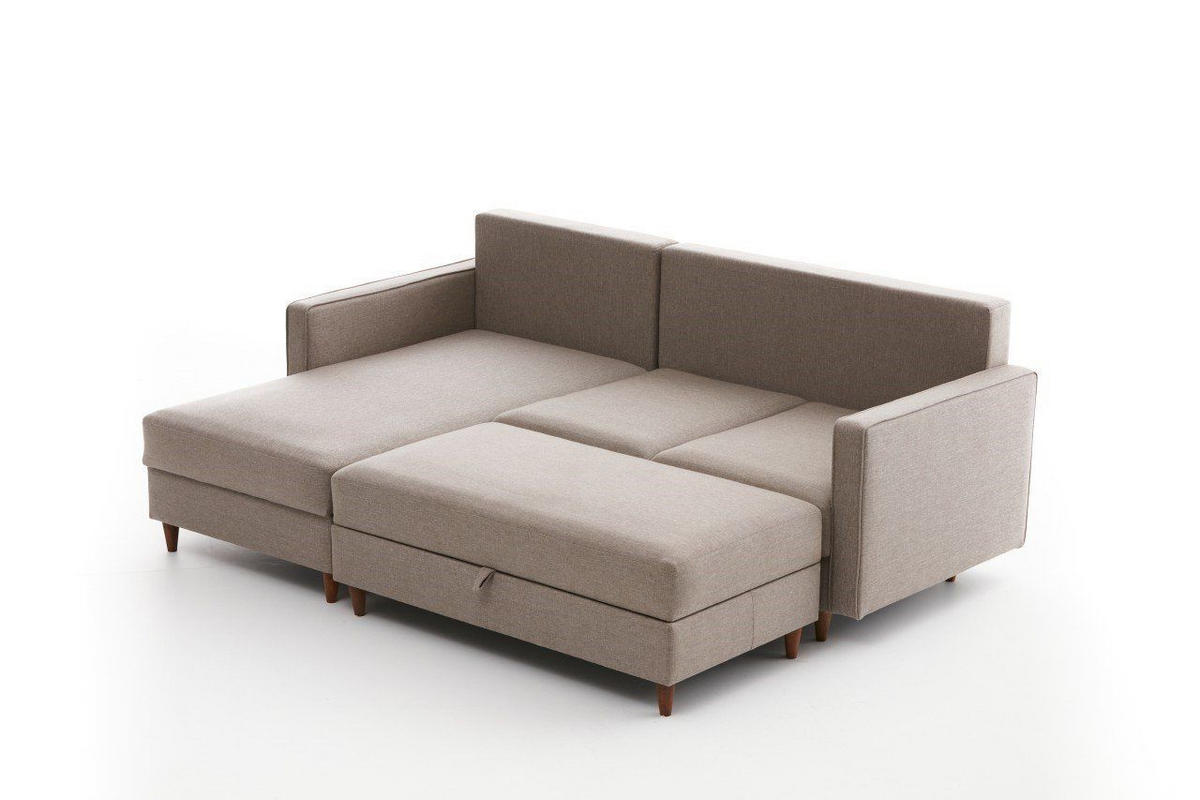 ECKSOFA mit Hocker, Schlaffläche - Beige/Walnussfarben, Holz/Kunststoff (210/155cm) - myHomelando