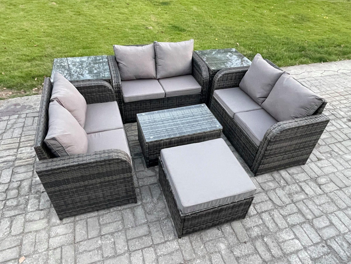 GARTENMÖBELGARNITUR mit KISSEN Polyrattan Dunkelgrau 7-Sitzer - Dunkelgrau/Grau, Glas/Kunststoff - Fimous