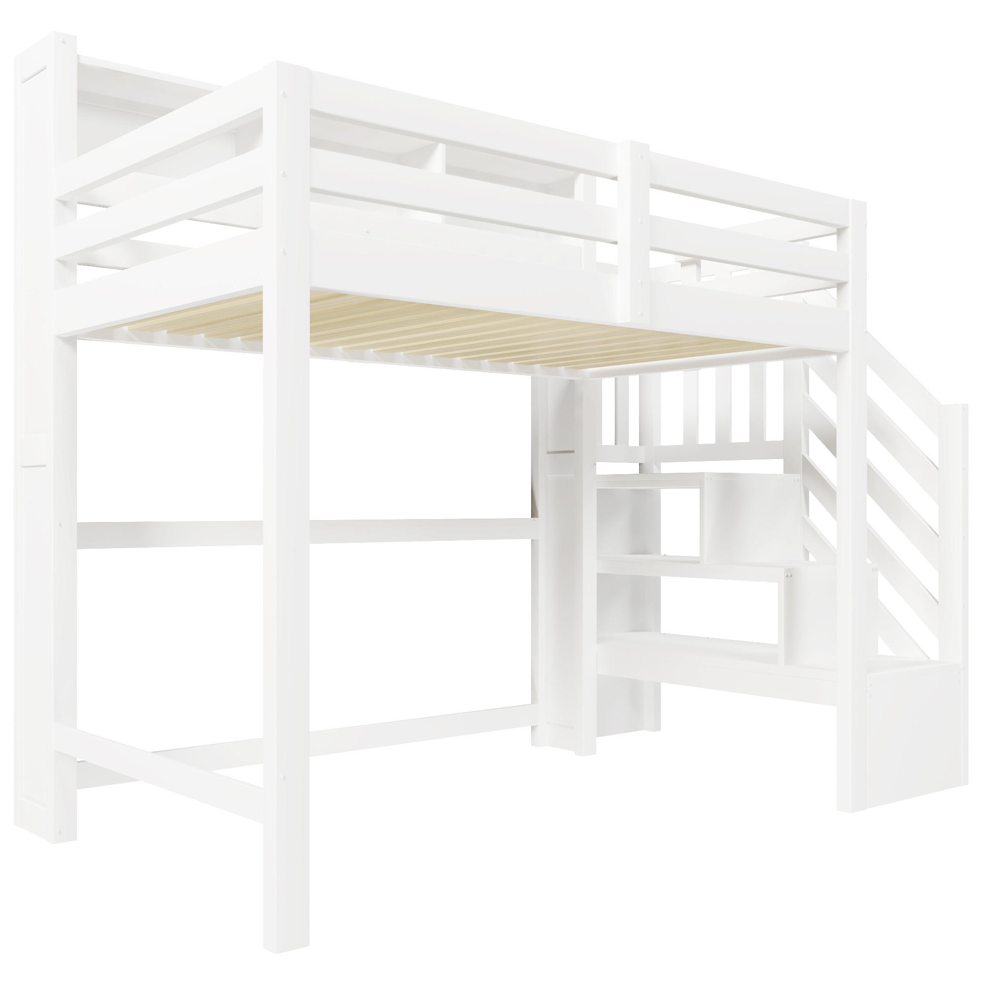 HOCHBETT 90/200 cm mit LED-Beleuchtung, Stauraumtreppe und offenem Staufach, Weiß - Weiß, Holz (90/200cm) - Redom