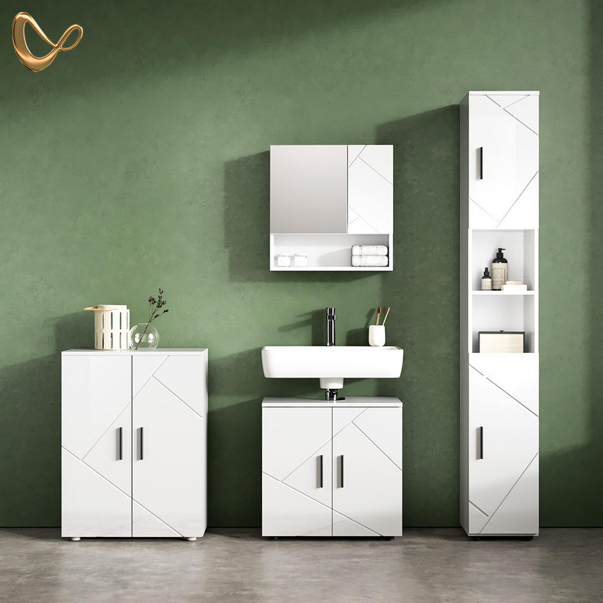 BADMÖBEL-SET Ronco Weiß Hochglanz 4 Teile, mit Hochschrank und Kommode - Weiß Hochglanz/Weiß, Holzwerkstoff (60/192/30cm) - Livinity®