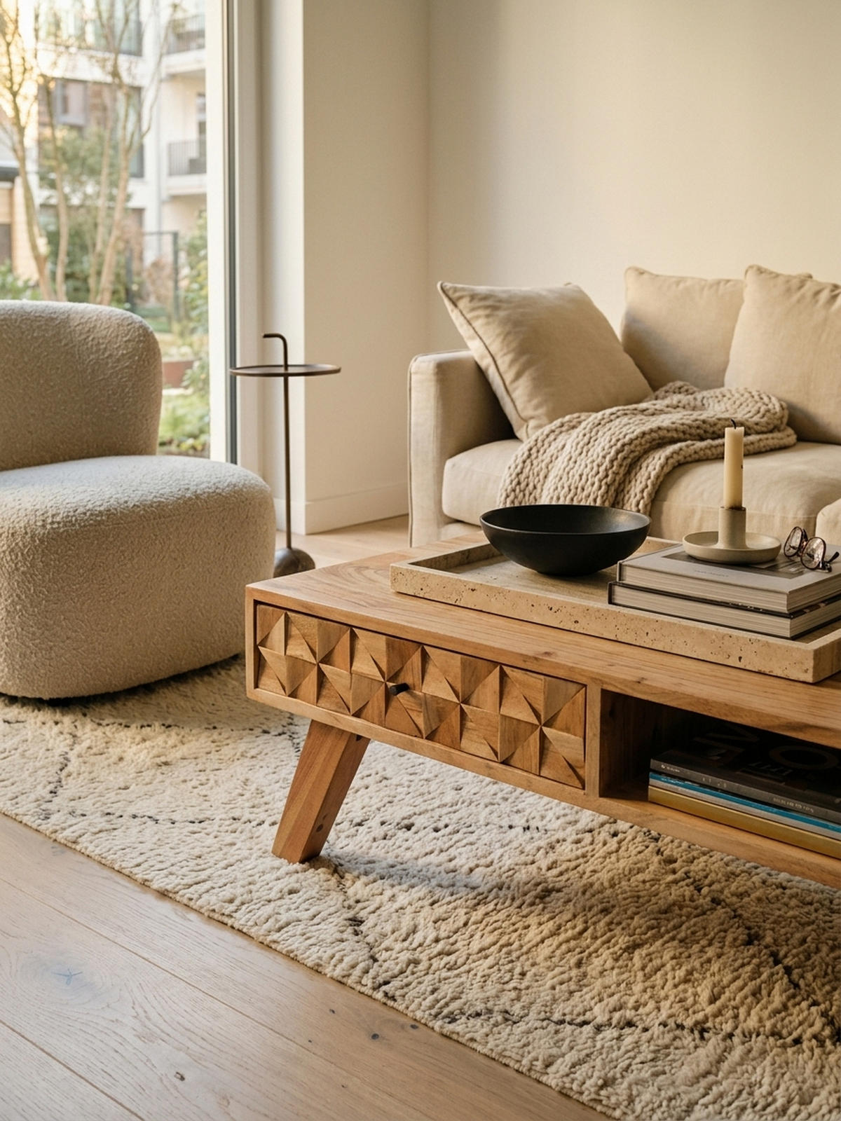 COUCHTISCH Landhausstil Massivholz mit Schublade und Ablagefach, Maße 95x35x50 cm - Beige, Akazienholz/Holz (50/95/35cm) - KADIMA DESIGN