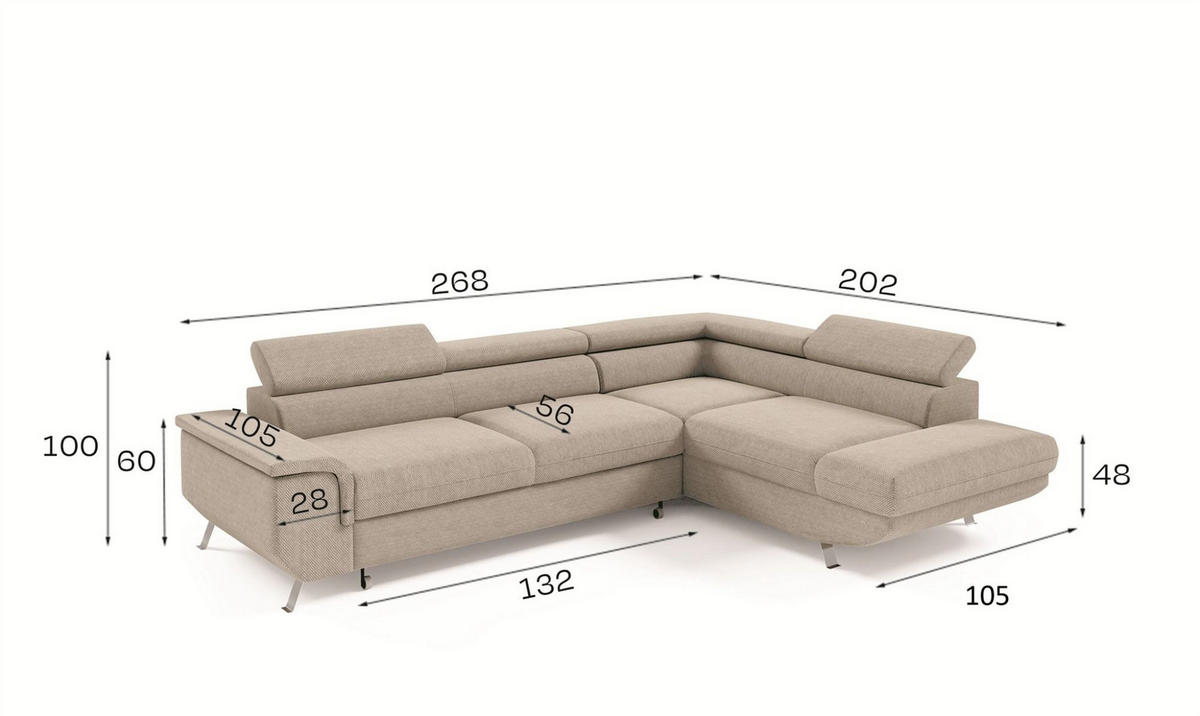 ECKSOFA Plato Mit Schlaffunktion - Creme, Holzwerkstoff/Textil (268/202cm) - Fun Möbel