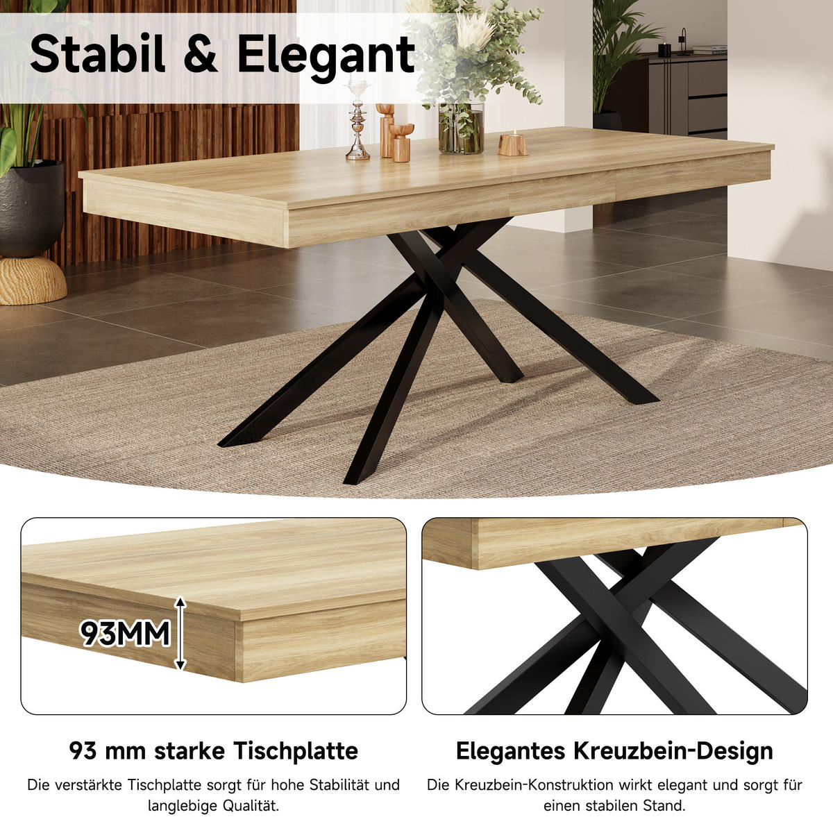 ESSTISCH in Eiche ausziehbarer Küchentisch mit verdickter Tischplatte und Metallbeinen für Esszimmer ,B140-180/T80/H76cm - Eichefarben/Schwarz, Holzwerkstoff/Metall (80/180/76cm) - STILVORA