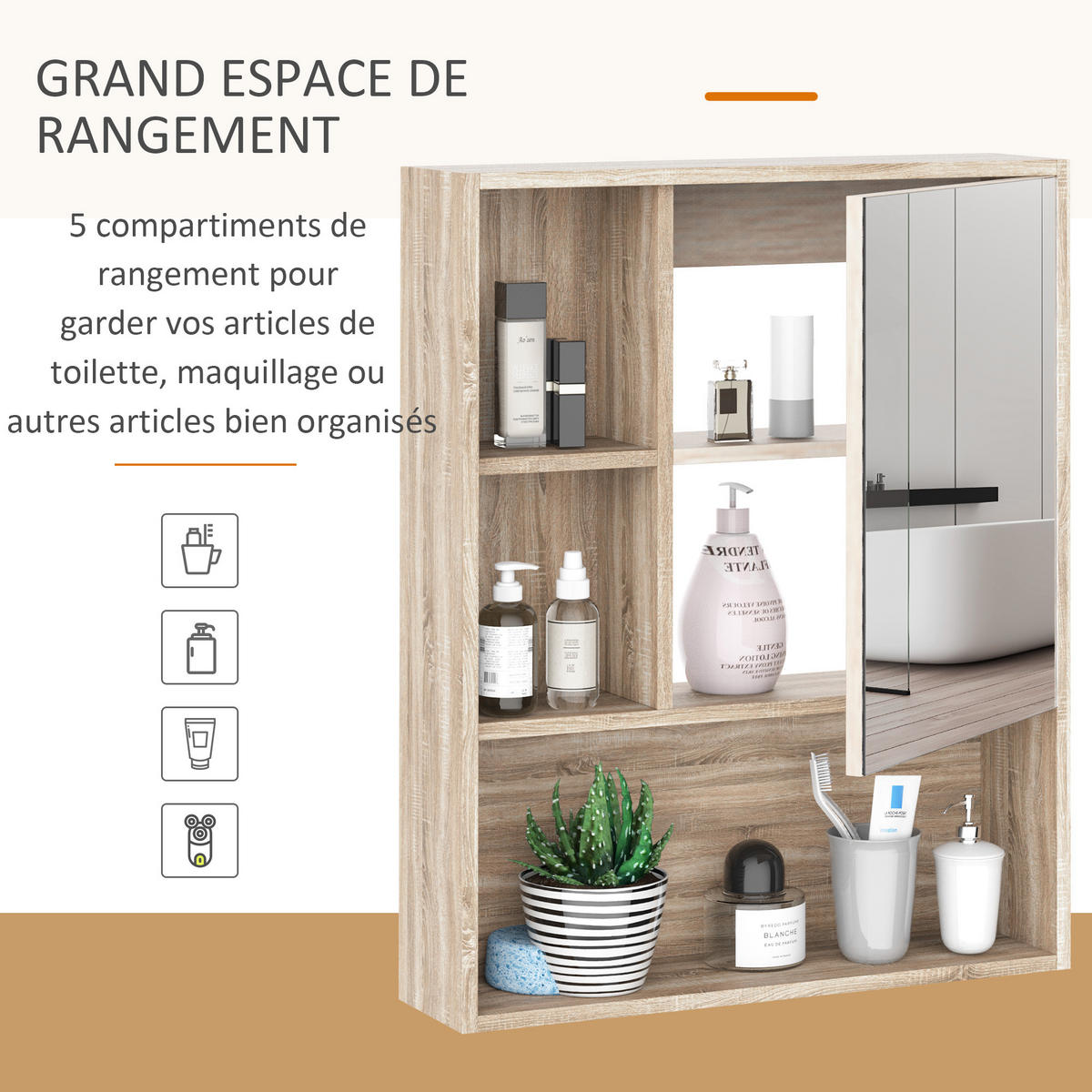 SPIEGELSCHRANK, 5 Fächer und verstellbarer Einlegeboden, 60 x 15 x 76 cm ,Eiche - Braun, Glas (60/76/15cm) - Vallsero