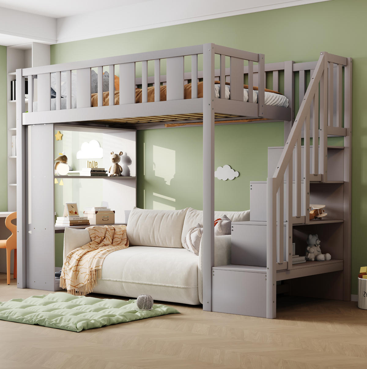 HOCHBETT 90/200 cm in Grau – mit Stauraumtreppe und Rausfallschutz - Grau, Holz (90/200cm) - BEAOK