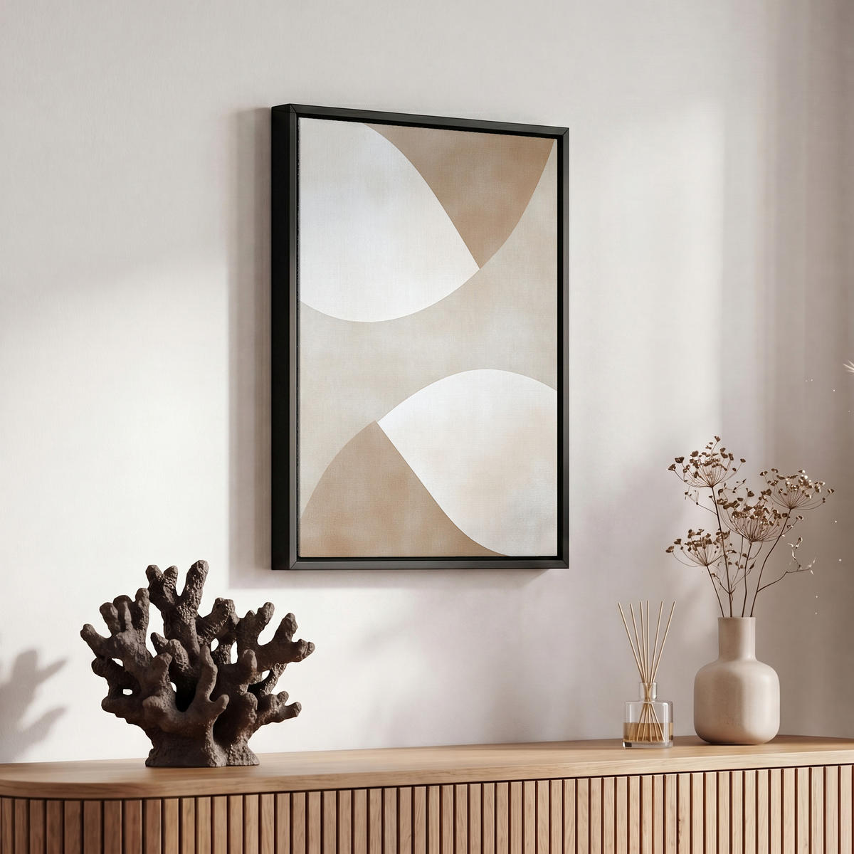 LEINWAND Bilder mit Rahmen - Braun - Japandi - Abstrakt - 20x30 - Sandfarben, Textil (20/30cm) - MuchoWow
