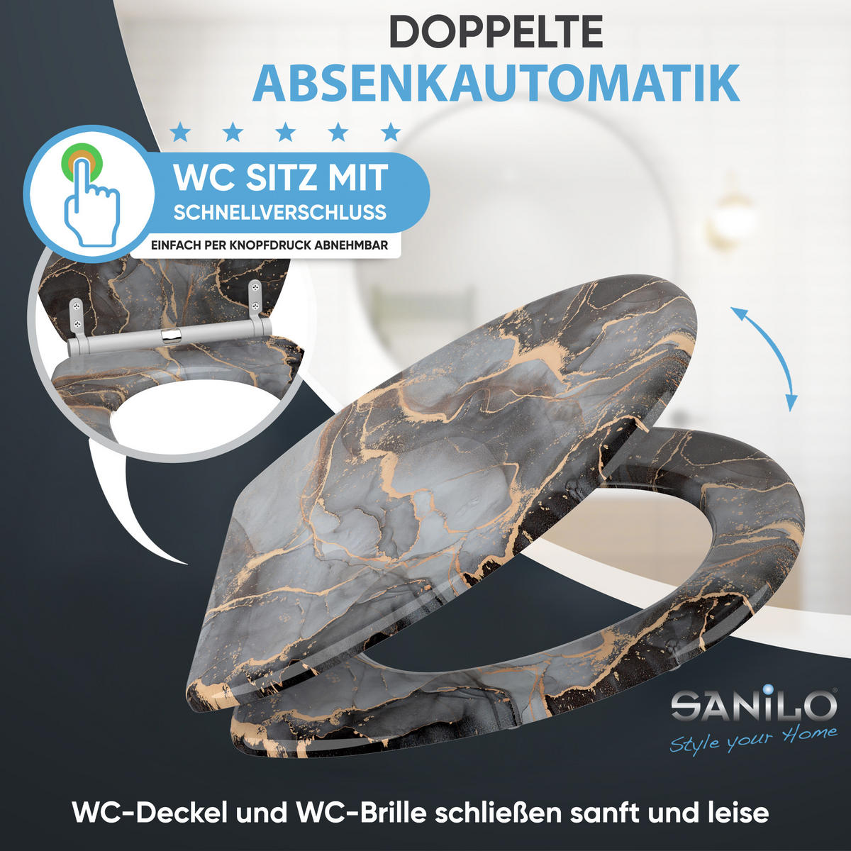 WC-SITZ mit Absenkautomatik & Top Fix Marmor Abstrakt - Grau, Holzwerkstoff (37.7/5.5/48cm) - Sanilo
