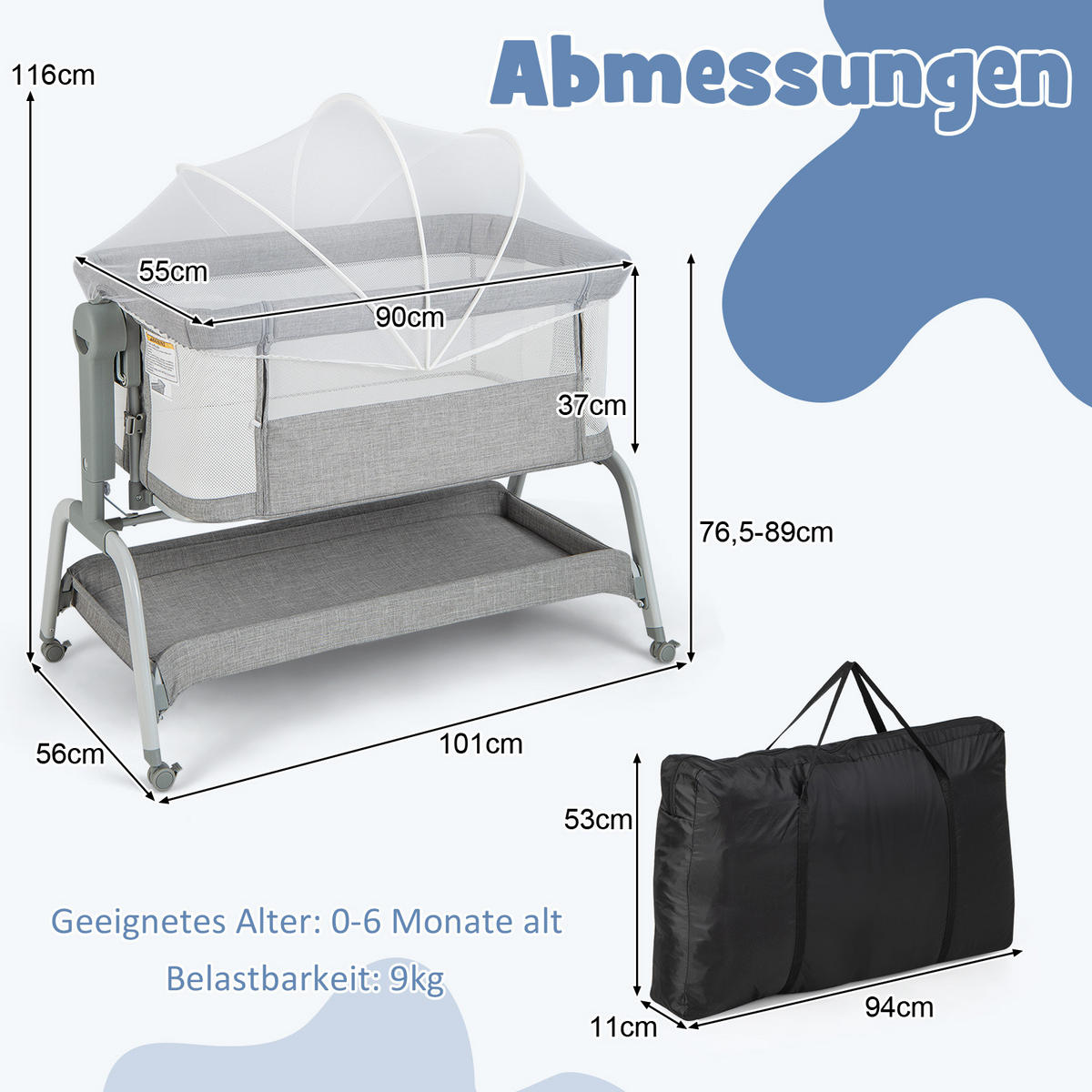 BEISTELLBETT Grau - Grau, Textil - COSTWAY